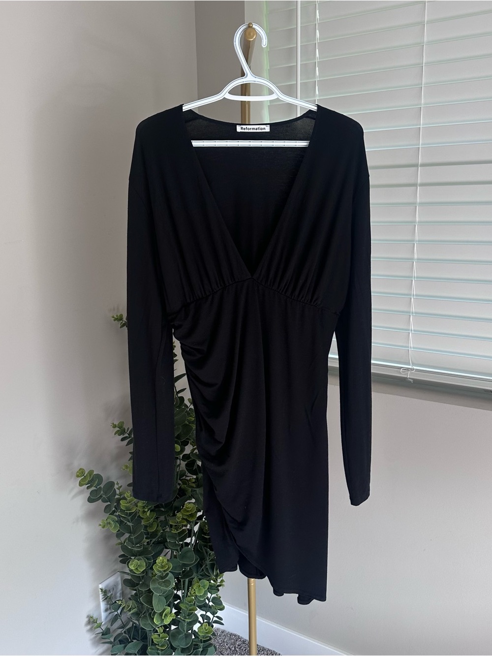 Reformation Black V-Neck Ruched Long-Sleeve Dress